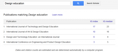 Google Scholar Metrics when searched for 'Design Education'